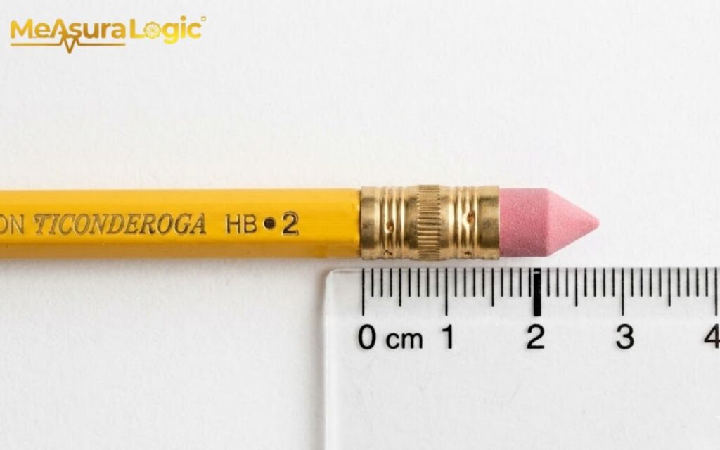 A photograph of a yellow pencil and a clear plastic ruler. The ruler measures the pink eraser length to be slightly under 2 centimeters.