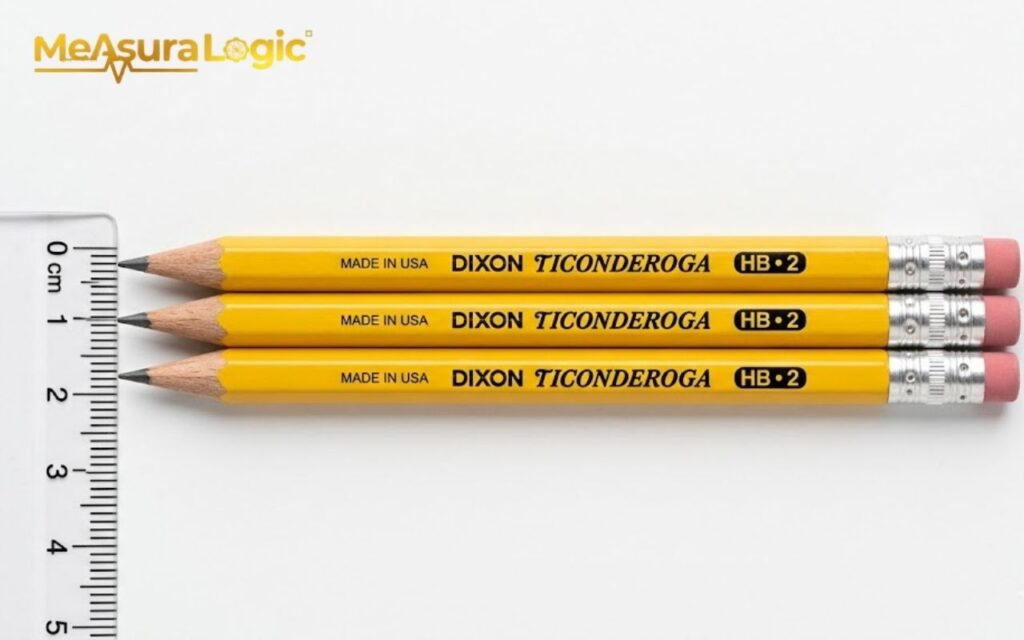 Three yellow Dixon Ticonderoga pencils stacked horizontally. A clear centimeter ruler is placed along the left side.