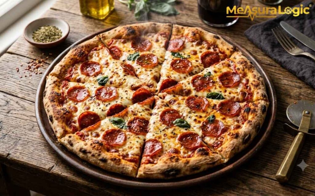 A 14 inches pepperoni pizza on a rustic wooden table. It is surrounded by oil, spices, and a pizza cutter.