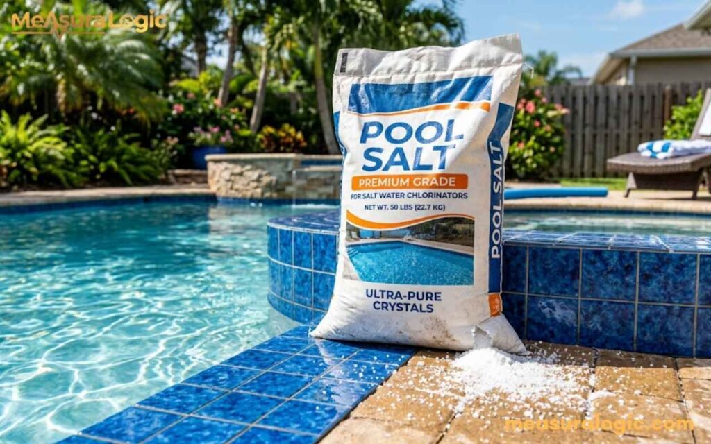 A 50 pounds bag of Pool Salt stands on a brick deck next to a blue-tiled swimming pool. White salt crystals are spilled on the pavers in front of the bag.