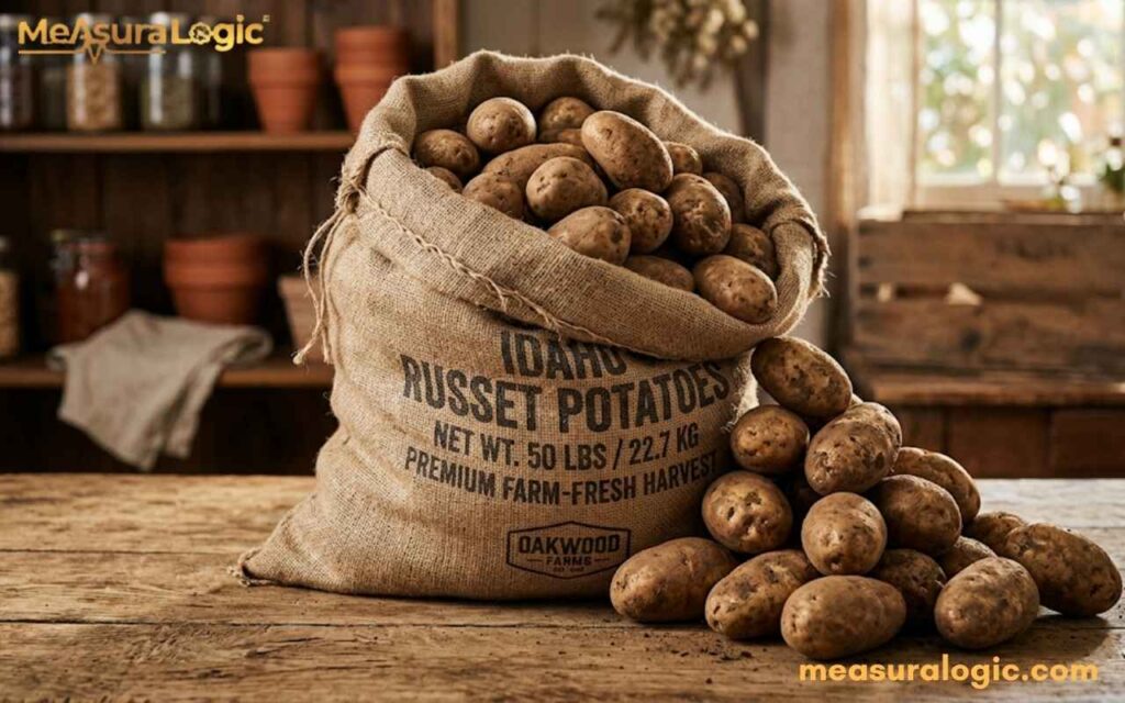 A full burlap sack of Idaho Russet Potatoes. Potatoes are spilled on a rustic wooden table.
