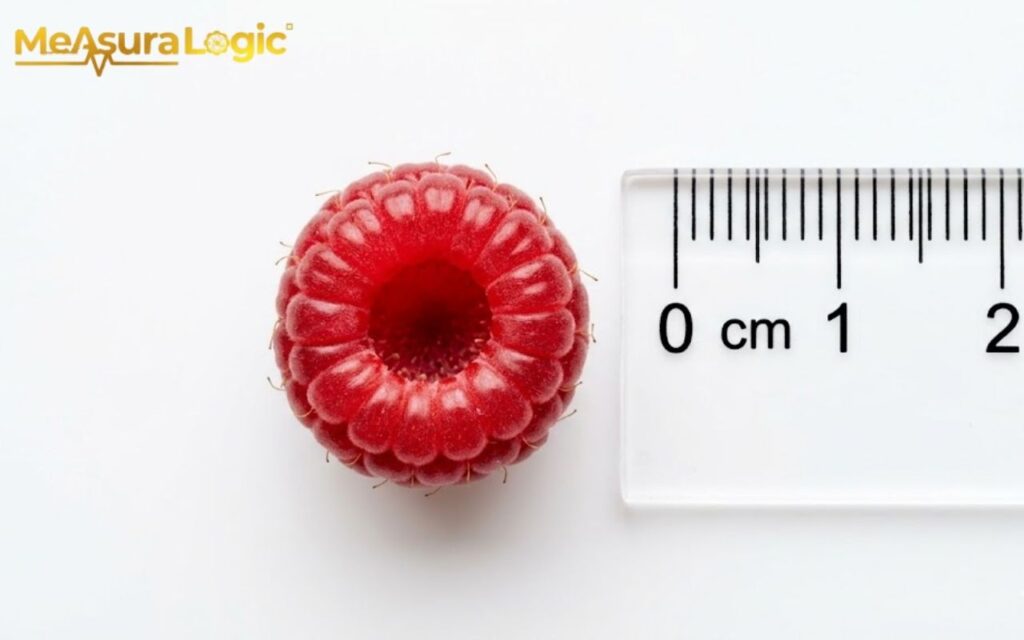 A single raspberry next to a ruler on white. It is approximately 2 centimeters.