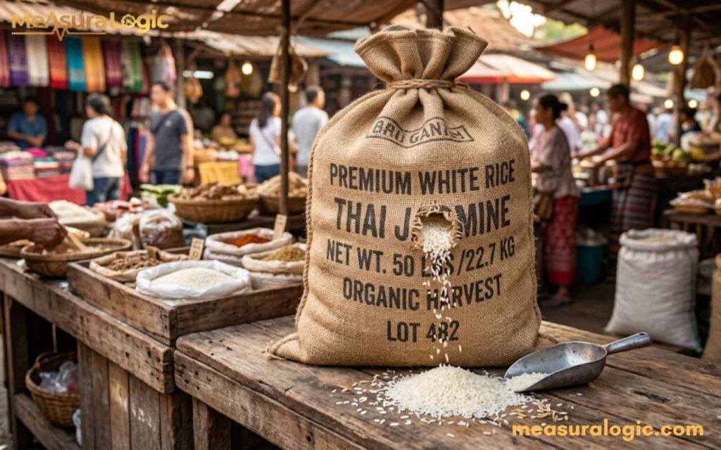 A large sack labeled "THAI JASMINE RICE" sits on a wooden market table, spilling white rice onto the surface. In the background, other vendors and shoppers mill around stalls.