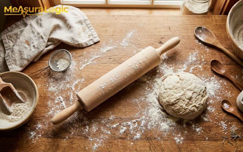 A wooden rolling pin and fresh dough on a floured rustic surface. Surrounded by bowls, spoons, a sieve, and a linen cloth under natural light.