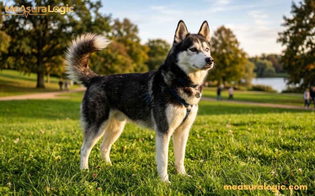 A Siberian Husky with one blue and one brown eye stands in a grassy park. It wears a blue harness, with trees and a lake visible in the background.