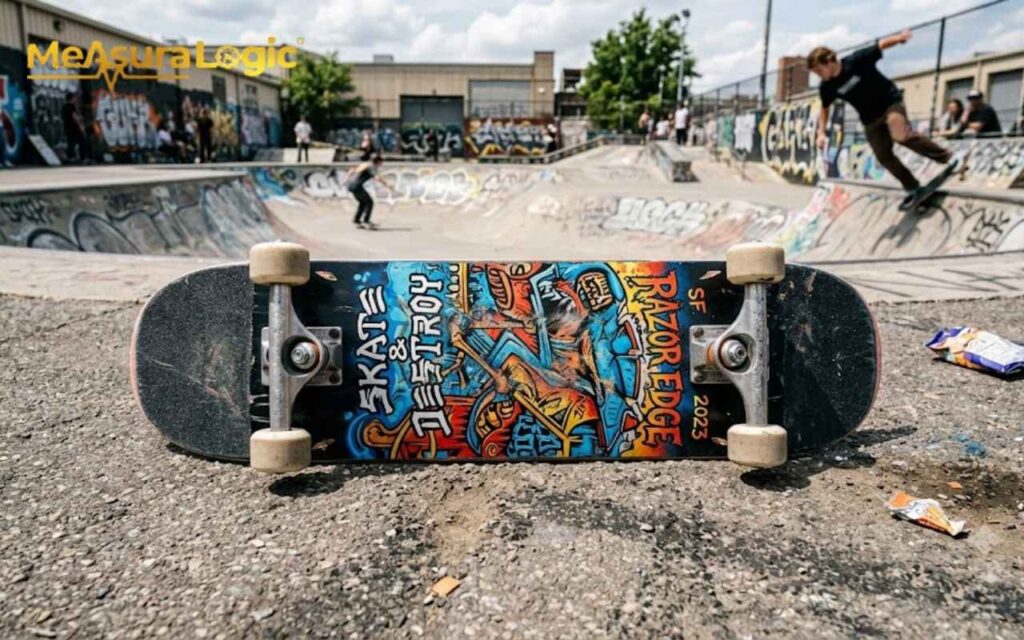 A vibrant custom 14 inches skateboard deck on asphalt. An urban skatepark with graffiti and skaters in the background.