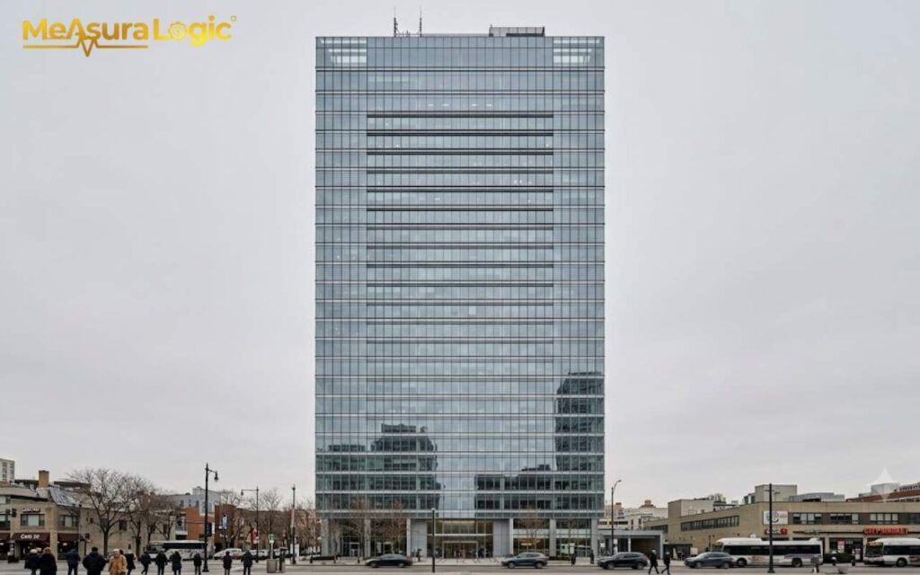A tall, modern glass skyscraper centered under a cloudy grey sky. Street-level view with blurry pedestrians and traffic.