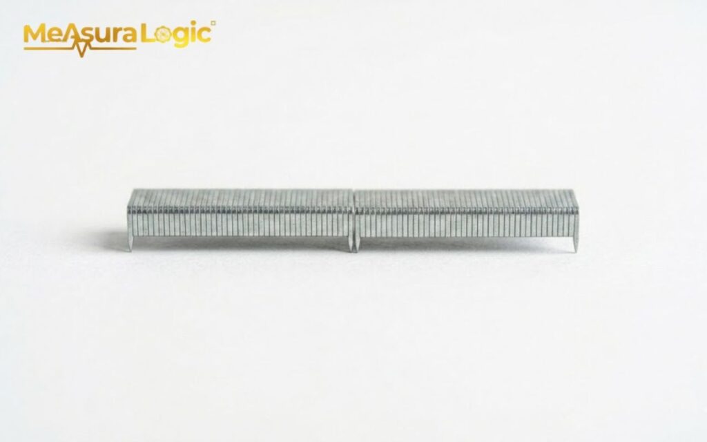 Two rows of silver metal staples. Joined end-to-end on a white background.