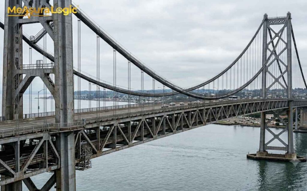 An aerial view of the Bay Bridge, featuring its intricate steel suspension towers and two levels of traffic.