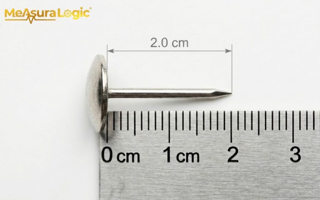 Measurement of a thumbtack shaft as 2.0 cm. Diagram with a ruler and dimension line.