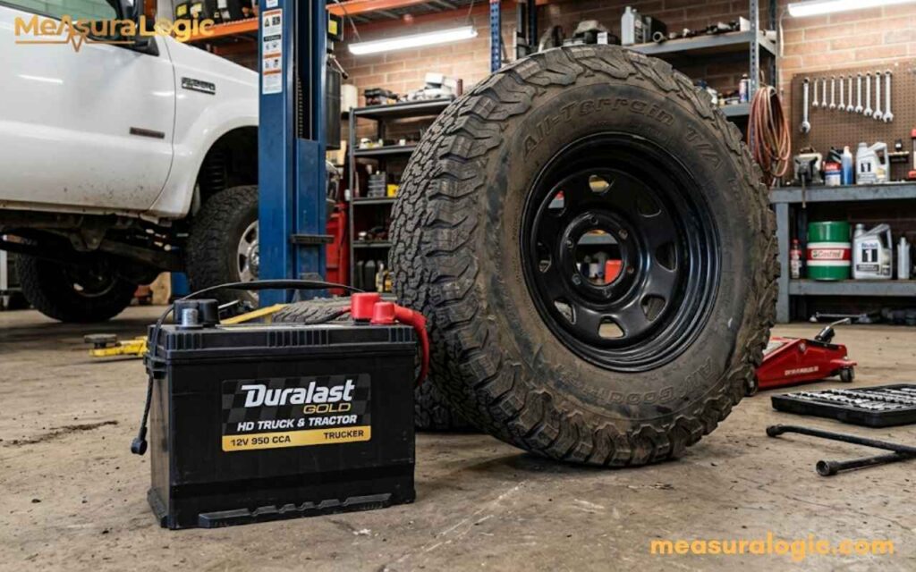 A Duralast Gold battery stands on a garage floor next to a large truck wheel with a thick-treaded tire. In the background, a white pickup truck and various workshop tools are visible on shelves.