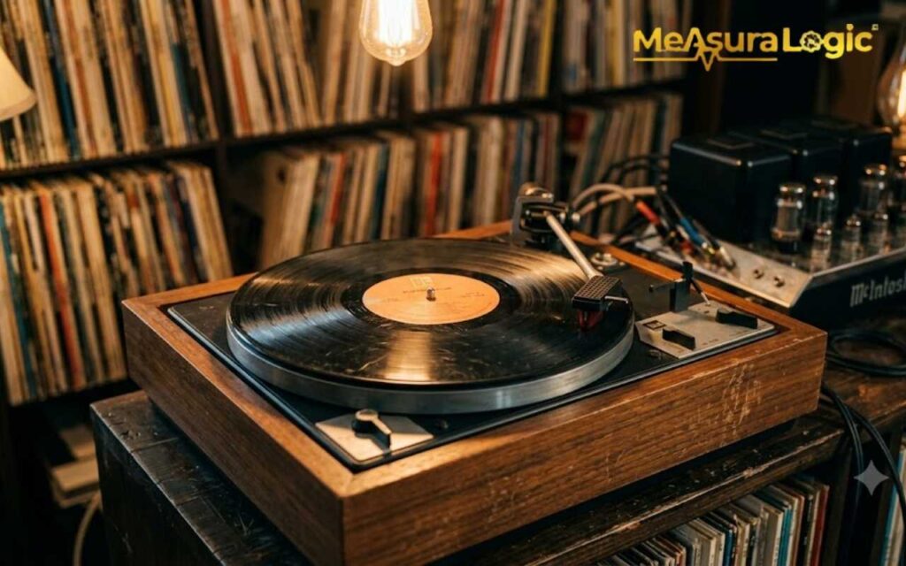 A vintage wooden turntable plays a vinyl record. Packed record shelves and a glowing McIntosh amplifier fill the background.