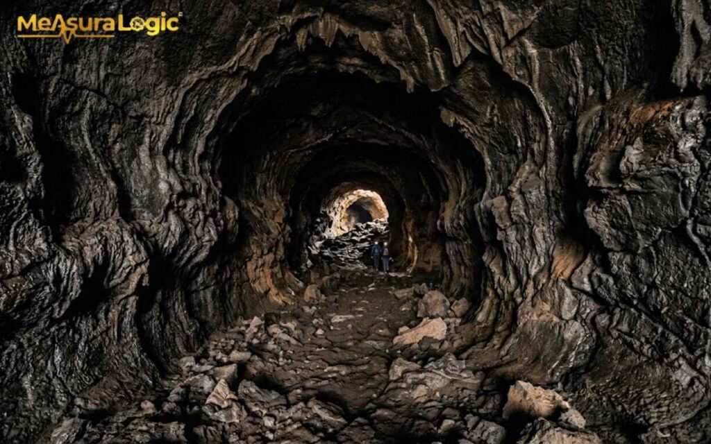 A dark, cavernous lava tube with a rocky floor and textured basalt walls receding into a small point of light.