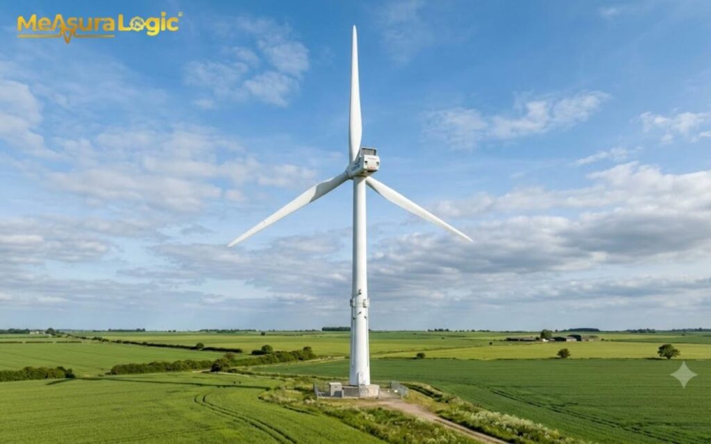 A single 300 feet long wind turbine stands tall in expansive green farmland. The blue sky above is filled with soft, scattered clouds.